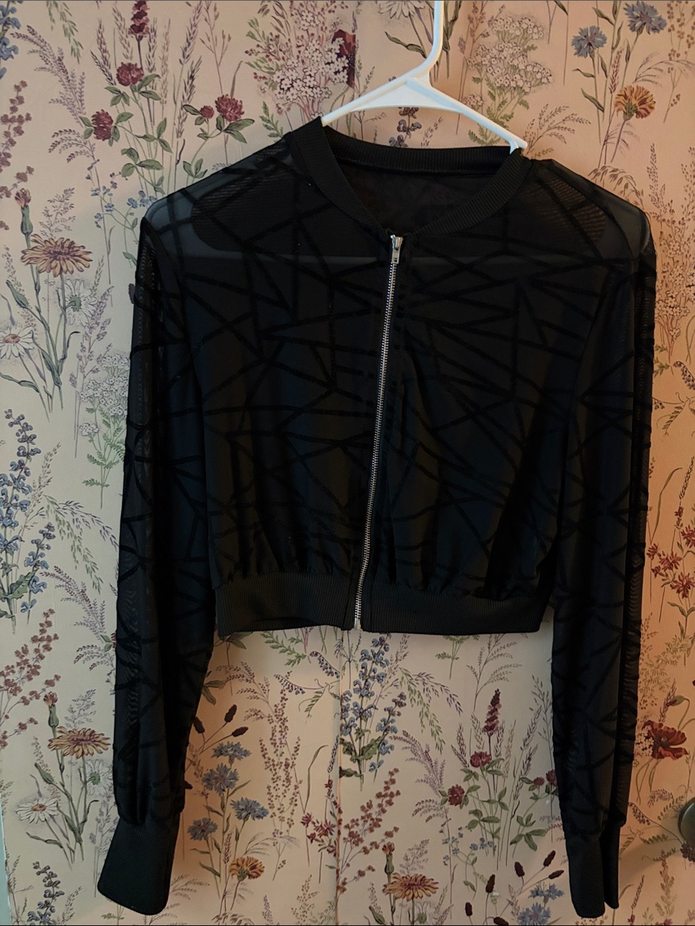 Women's Black Sheer Geometric Bomber Jacket